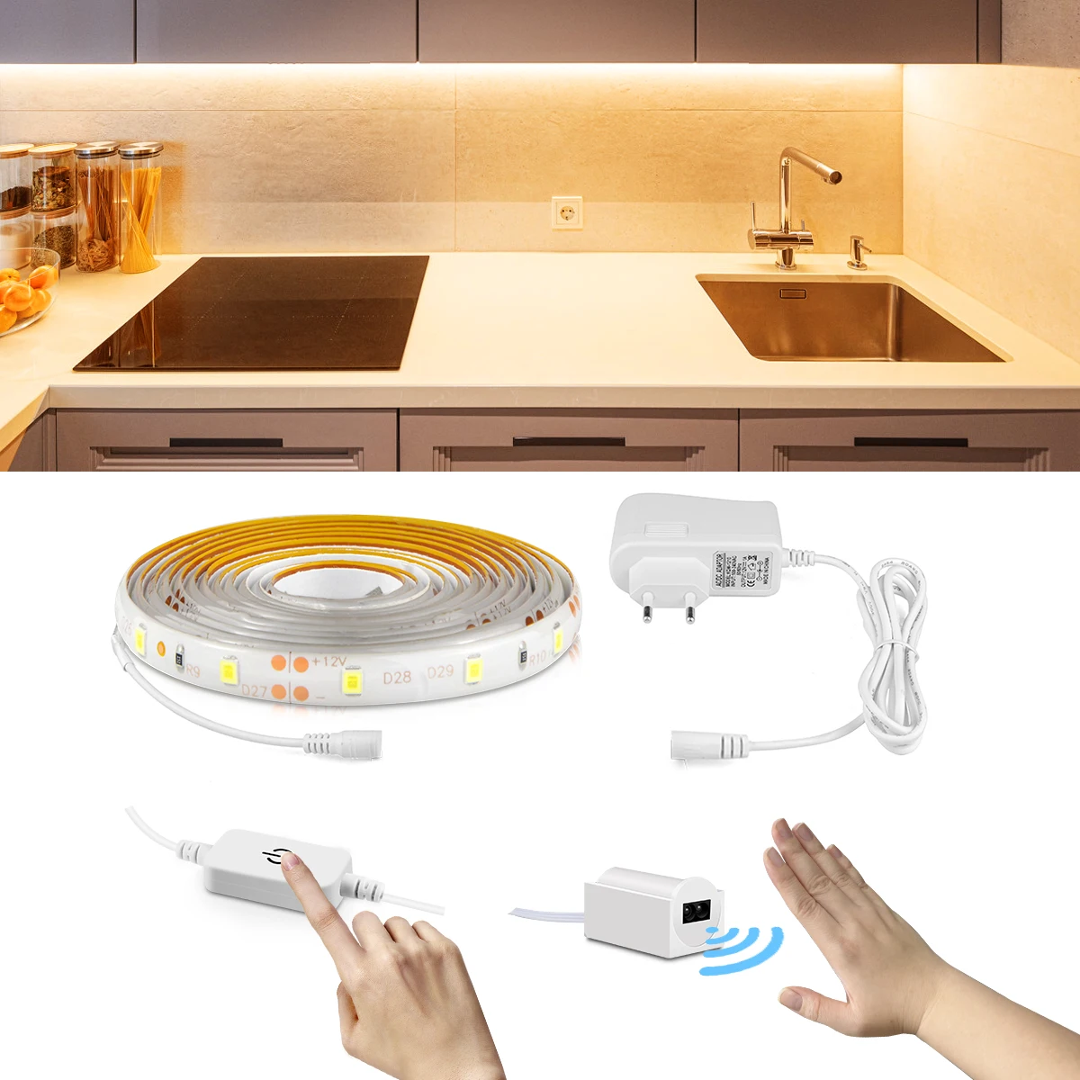 Kitchen LED Strip Light Touch Dimmer / Hand Sweep Motion Sensor Control Waterproof Under Cabinet Light Luces Led Ribbons Tape