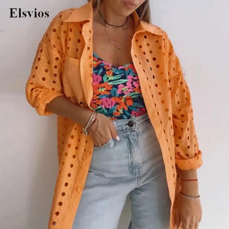 

Solid Retro Caual Loose Long Sleeve Beach Shirt Sexy Polka Dot Hollow Out Women Blouse Fashion Turn-down Collar Button Top Blusa