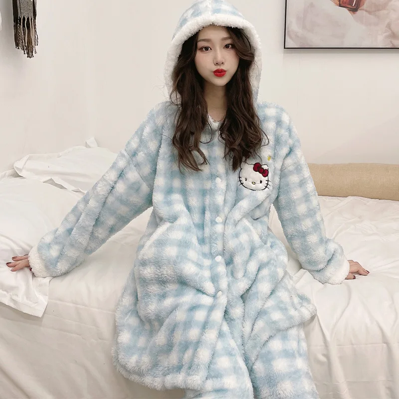 

Anime Sanrio HelloKitty Kawaii Plush Pajamas New Cute Cinnamoroll Plaid Winter Warm Home Bathrobe Flannel Set Birthday Girl Gift