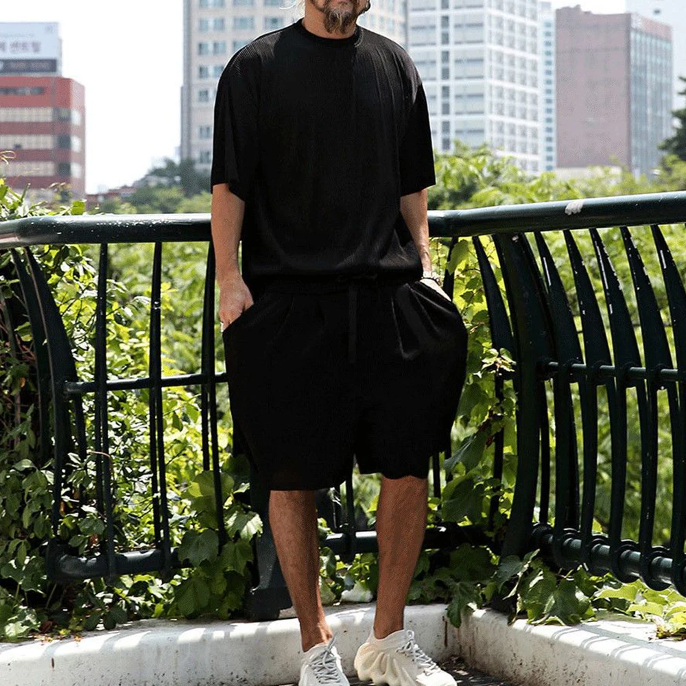 Men Set Suit Summer Stripe Loose Short Sleeve Short Sleeve Solid Harajuku Streetwear Oversize Casual Beach Breathable