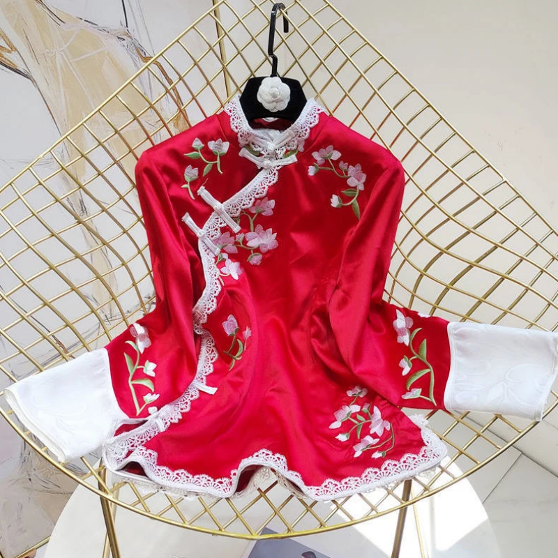 Китайские топы Cheongsam женская рубашка с длинным рукавом и воротником-стойкой