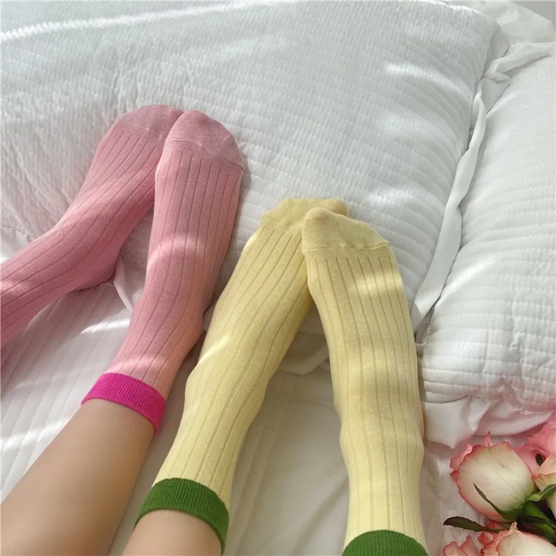 5Pairs Women's Mid-tube Contrast Sweet Candy Color Cotton Socks Japanese Korean Girl Socks Breathable Sweat-absorbing Anti-odor