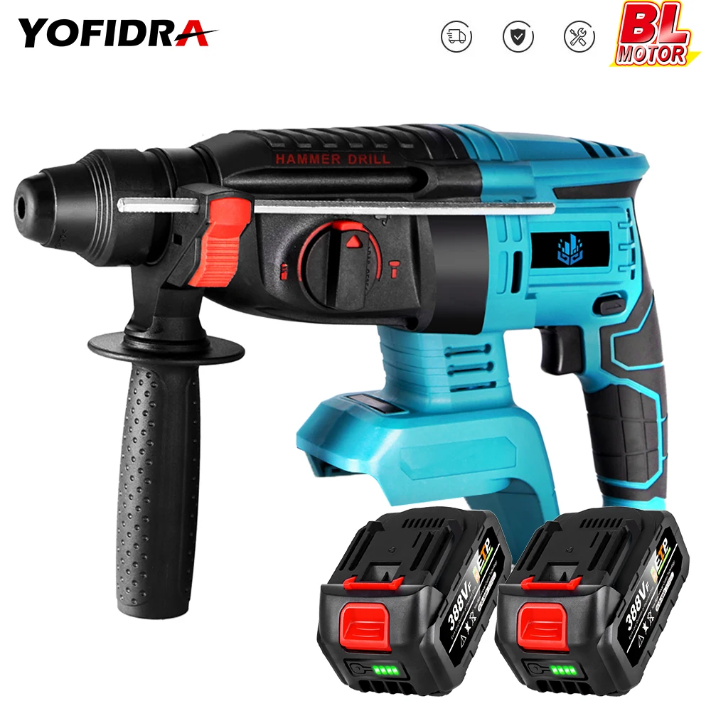 

Yofidra 20V 26mm Brushless Electric Rotary Hammer Electric Pick Impact Drill 3 In 1 with 1/2 Battery for Makita 18V Battery