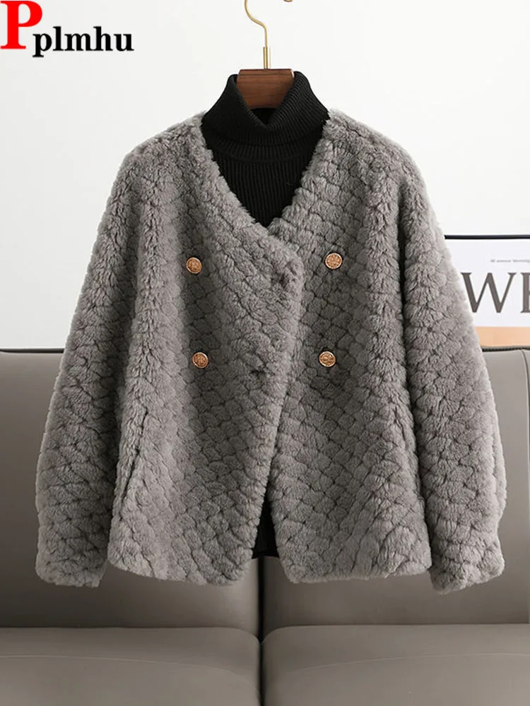 

Trend Double Breasted Lamb Wool Jacket Classics Slim Fur Coat Elegant Cloud Casual Jaqueta Feminina Plush New Grey Chaquetas