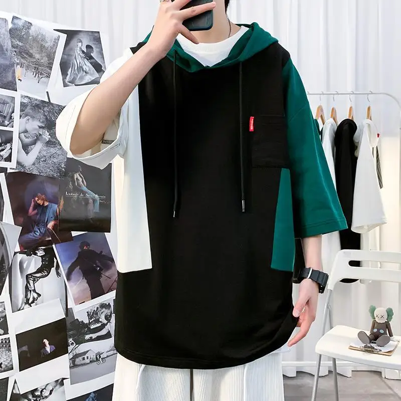 

Футболка мужская с капюшоном, модная тонкая рубашка разных цветов, с рукавом три четверти, в стиле аниме, одежда для школьников и студентов, ...