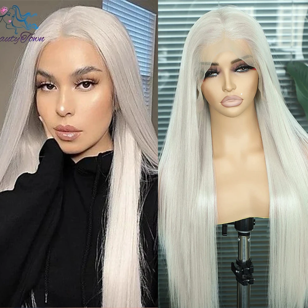 

13x6 Synthetic Lace Front Wig 32inch Grey Blonde Straight Wig For Women HD Transparent Lace Wig Cosplay Wig Heat Resistant Fiber