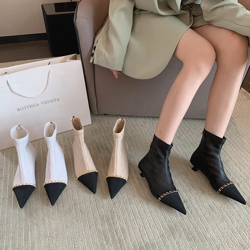 Pointed Toe Shoes Women Ankle Boots Mixed Color Metal Chain White Beige Thin Low Heels Short  Back Zipper Botines Mujer