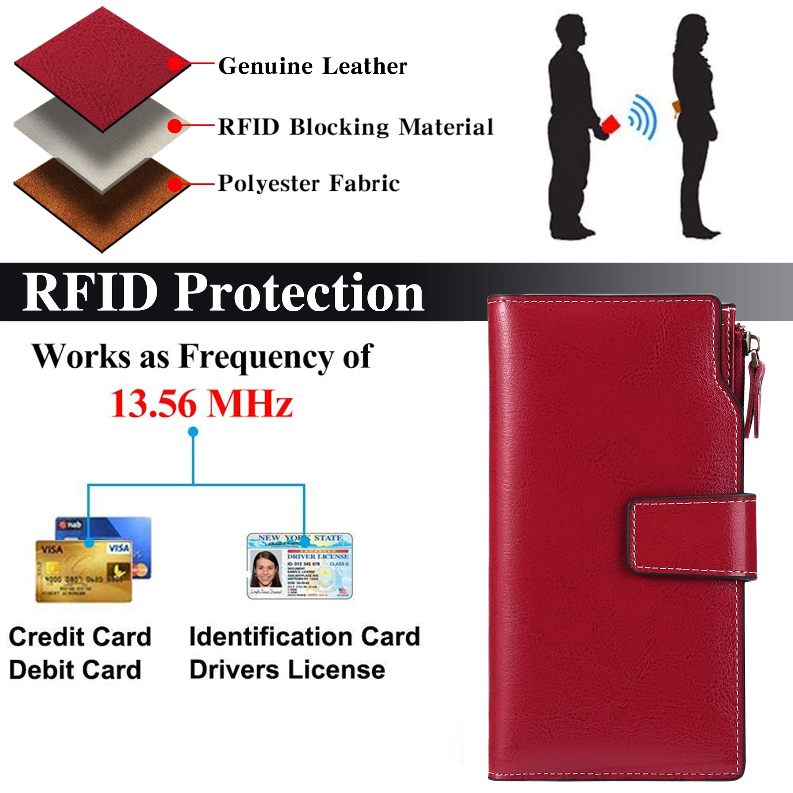Luxury RFID Blocking Women Wallets Genuine Leather Zipper Clutch Purse Large Capacity Card Holder Female Long Clutch Purse