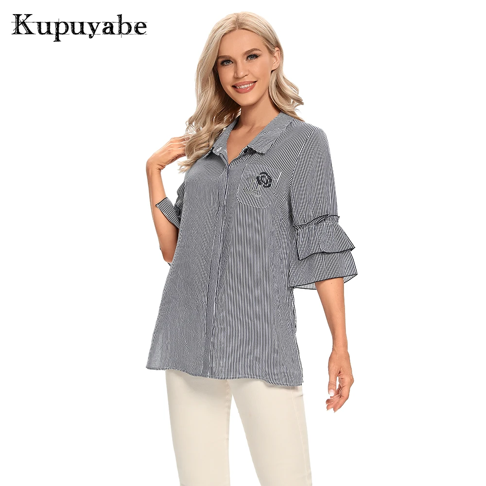 

KUPUYABE Women's Cotton Striped Shirt with Buttons 3/4 Ruffle Sleeves Lapel Women's Summer Casual Top