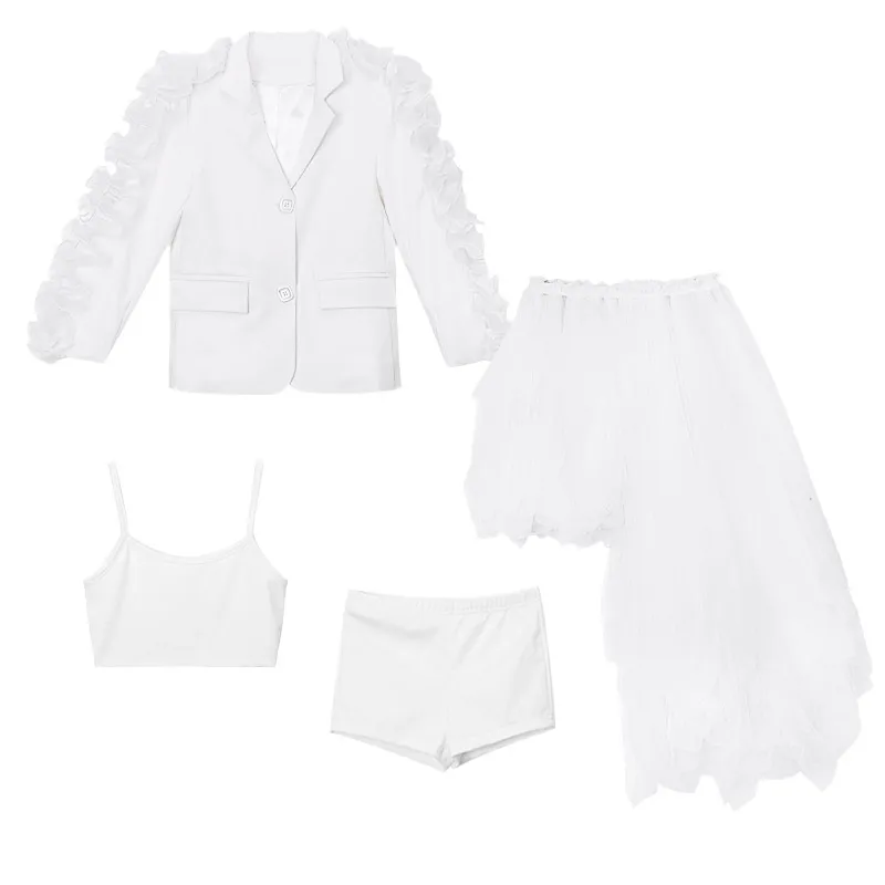 

Girls Model Catwalk Fashion Clothes Children Modern Street Dance White Lace Gauze Dress Kids Hip Hop Jazz Dance Costumes