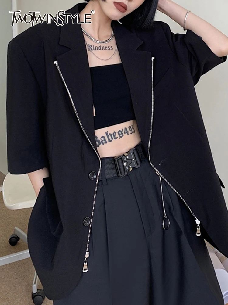 

Женский блейзер TWOTWINSTYLE, черный блейзер с отложным воротником, короткий рукав, однотонный, минималистичный, Повседневный, корейский стиль, ж...