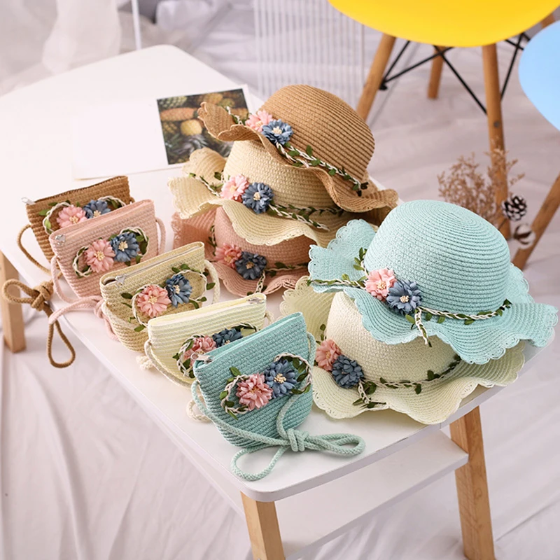 

Children Straw Hat + Shoulder Bag Tote Bags Summer Kids Girl Baby 2pcs A Set Cute Floral Sun Hat Bucket Hat