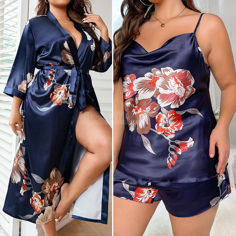 

Женский пижамный комплект размера плюс 5XL из 3 предметов, темно-синее длинное кимоно с цветочным принтом, банный халат, свободная шелковая атласная пижама, домашняя одежда