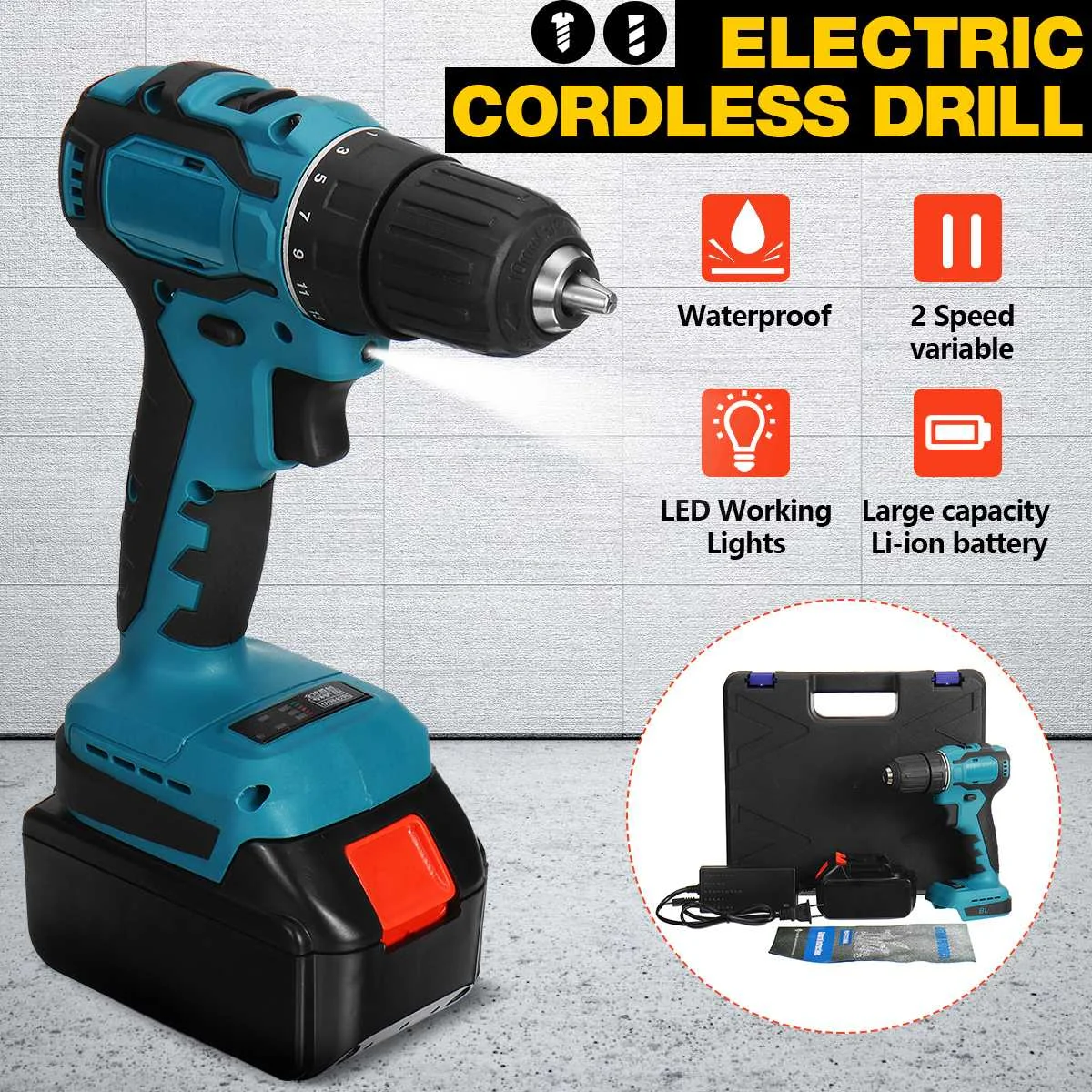 

6500mAh 3200RPM 48V Brushless Electric Impact Drill 450Nm Torque Driver Kit 10mm Rechargeable Screwdriver with Box