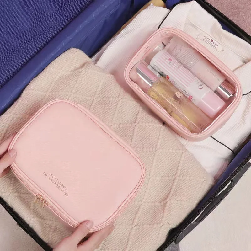 

Pu + PVC Two Plus One Cosmetic Bag for Women Portable Waterproof Large Capacity Travel Makeup Bag Go Out Toiletries Storage Bags