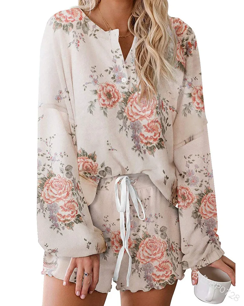 

2022 Women Spring Summer 2pcs Clothes Set Round Neck Button Pullover Top + Shorts Fashion Waist Drawstring Shorts Casual Suit
