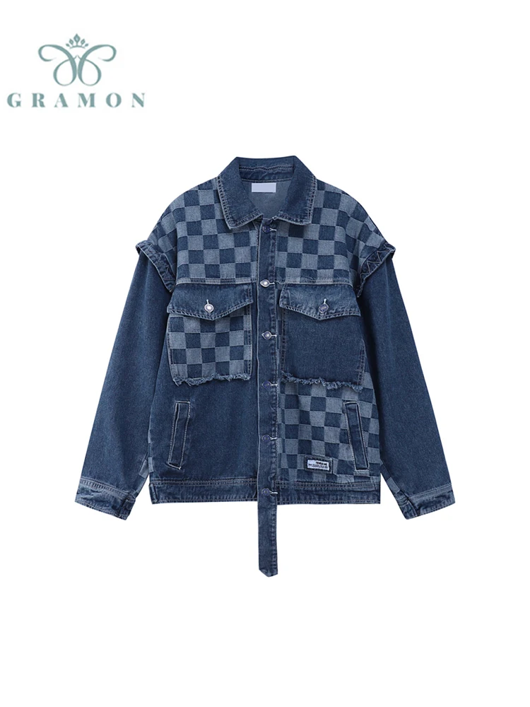 

Women's Fashion Plaid Patchwork Jean Jacket Vintage Casual Female Single Breasted Lapel Loose Hip Hop Streetwear Cowboy Outwear