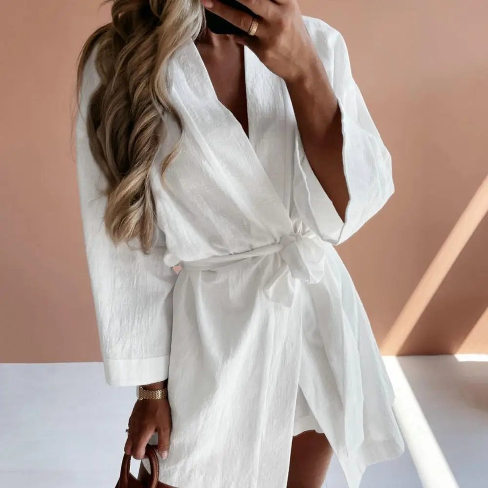 

Women Bathrobe Cardigan Long Sleeves V Neck Solid Color Comfortable Sleeping Belt Lace Up Above Knee Sleeping Gown for Home Wear