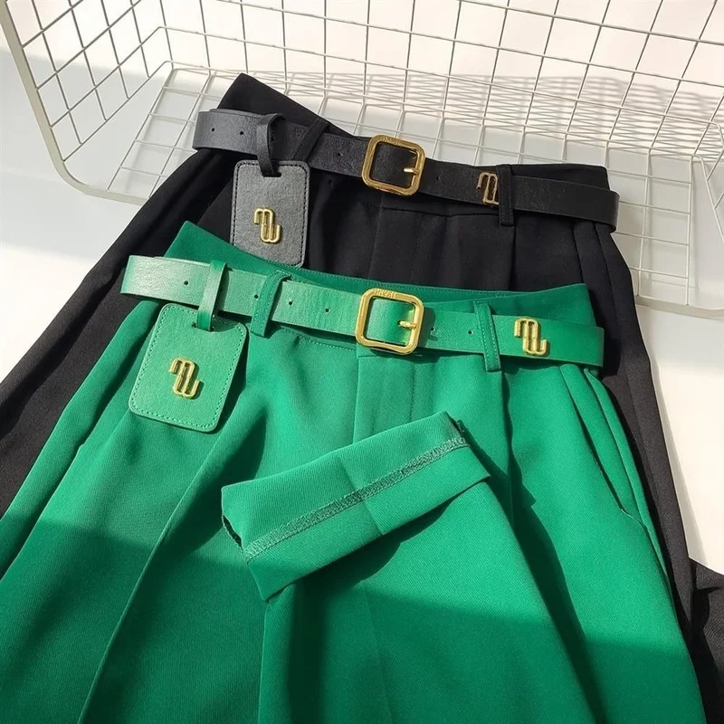 

Summer Women's Pants High Waist Solid Green Ankle-Length Pants Harem Pants with Belt Office Lady Loose Trouser Suits for Women