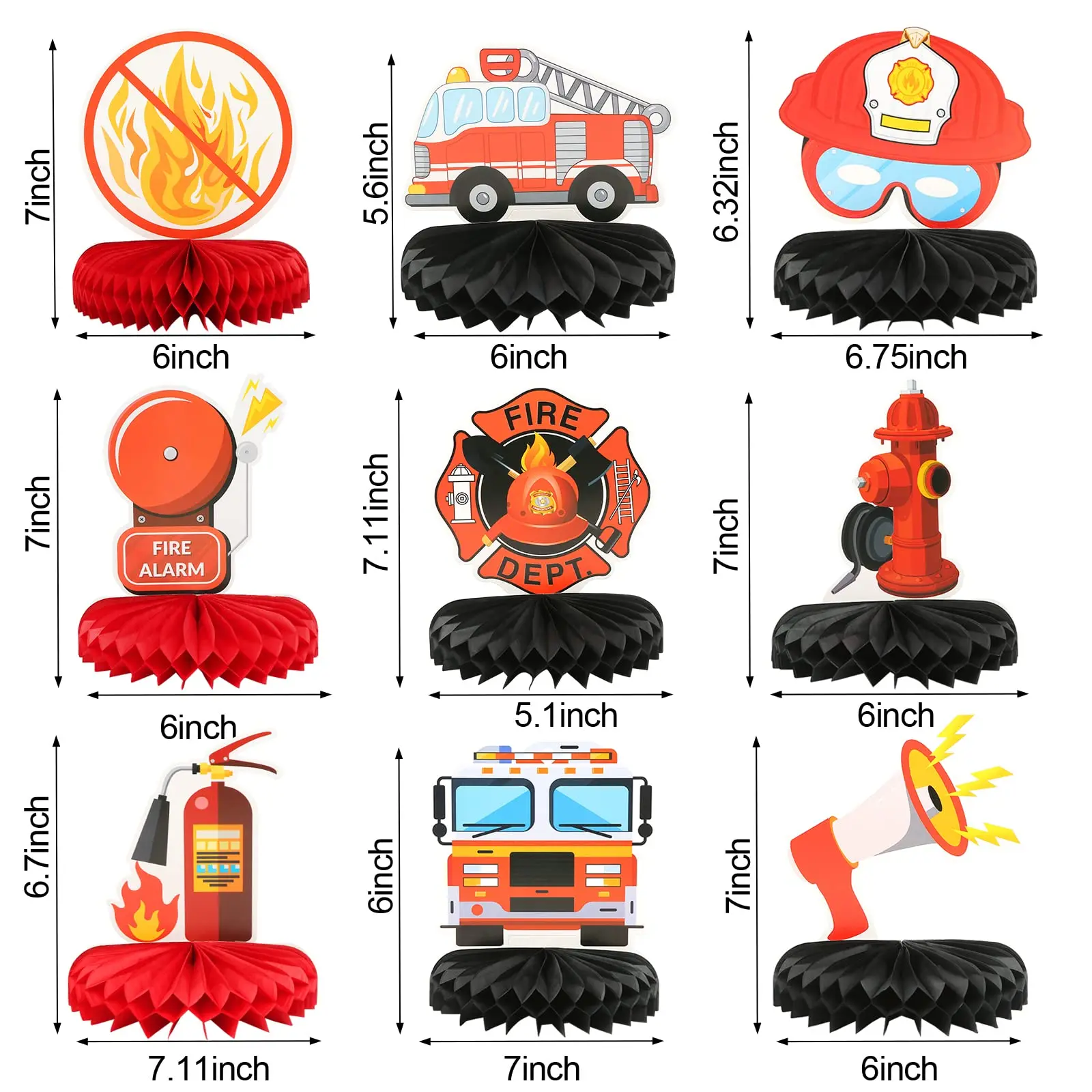 

9 Pieces Fireman Birthday Party Supplies Firetruck Honeycomb Centerpieces Fire Hat Extinguisher Fireman Party Favors Decorations