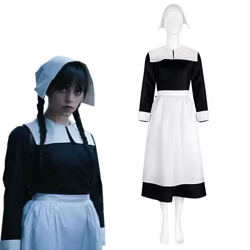 

Wednesday Addams Family Cosplay Costume Wednesday Women Maid Dress Outfits Halloween Carnival Party Suit Girl Kids Waitress