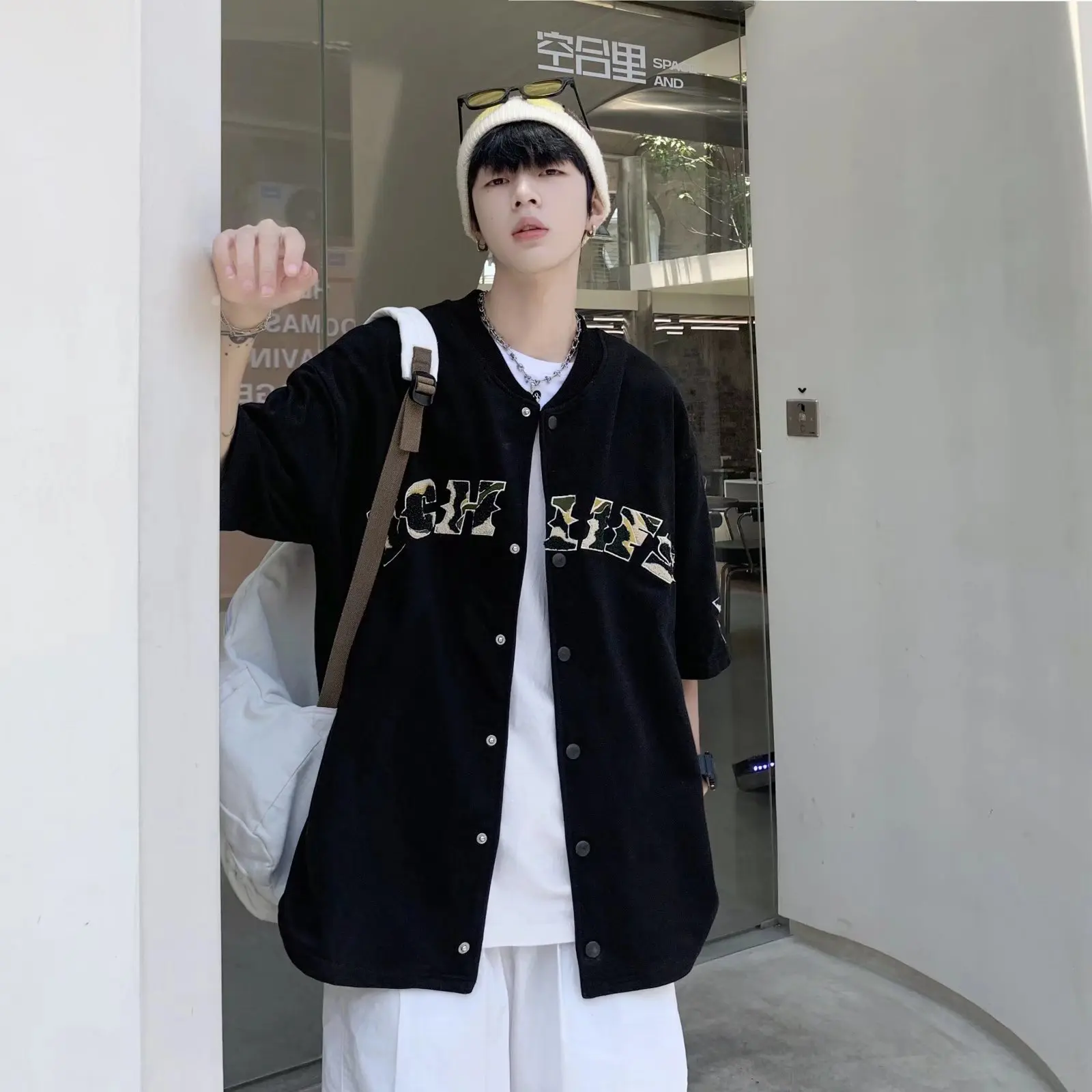 CHIPS 2022 Summer Camouflage letter Fashion Men Shirt Hip Hop Shirt Print Short Sleeve Collarless Shirt Oversize Streetwear