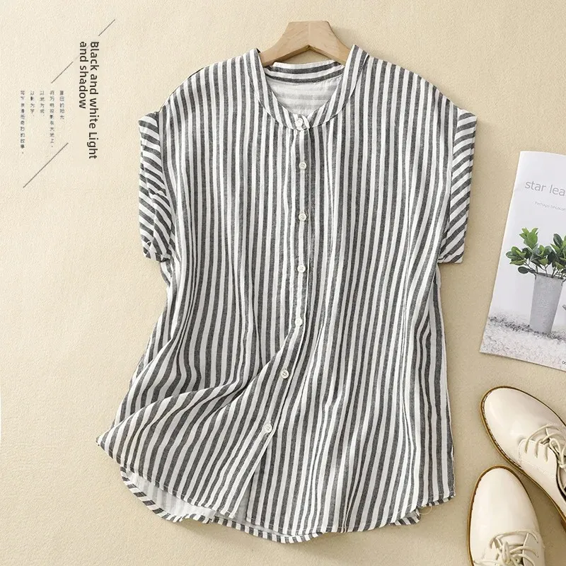 Хлопковая рубашка без рукавов в полоску с художественным воротником женская