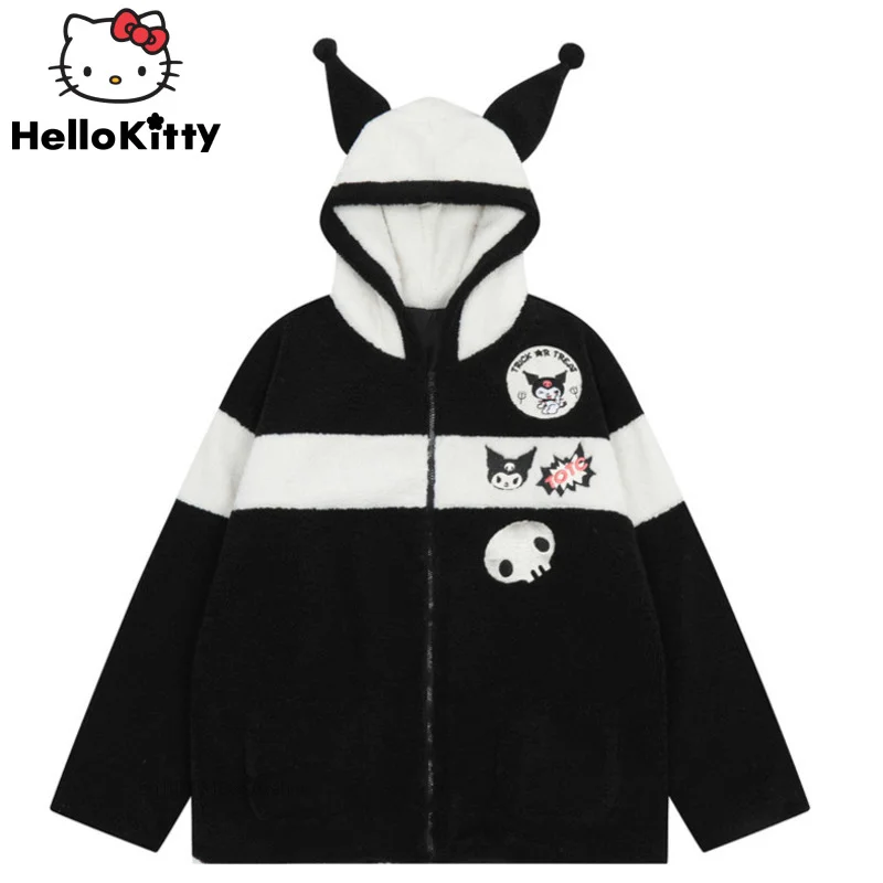 

Женская куртка с капюшоном Sanrio Kuromi, теплая хлопковая куртка из берберского флиса с 3D вышивкой, модное Свободное пальто для пар на осень и зим...