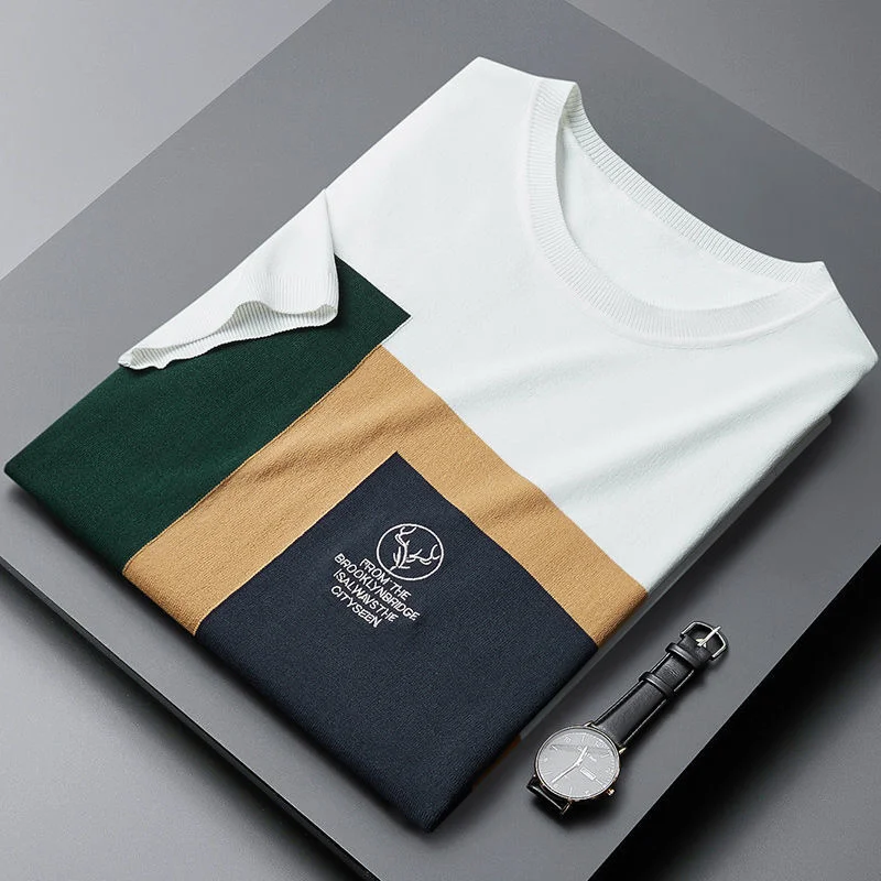 

end deer head light luxury High knitted T-shirt men's summer new fashion jacquard short sleeve round neck loose large casual top