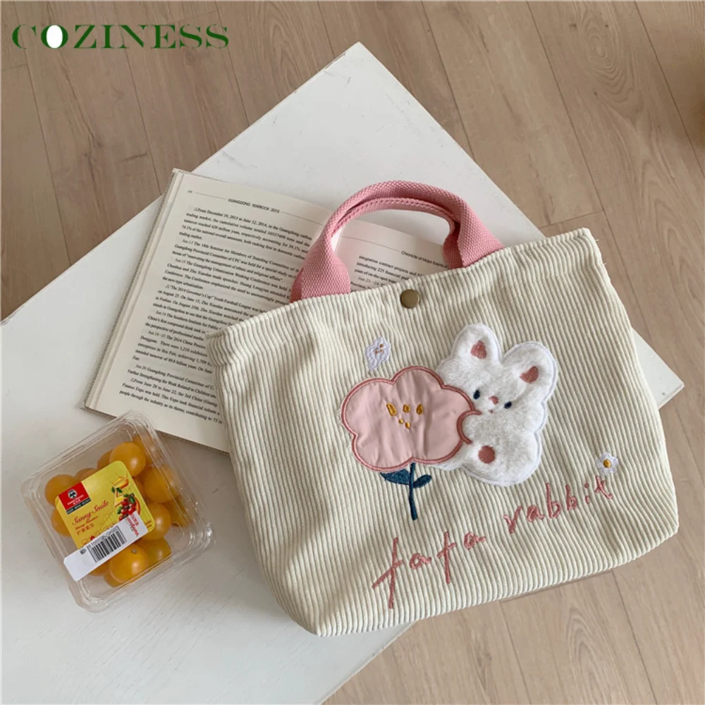 

Mother Outing Bag Cute Cartoon Rabbit Embroidered Canvas Bag Corduroy Soft Cotton Tote Bag Mommy Commuter Lunch Bag Wholesale
