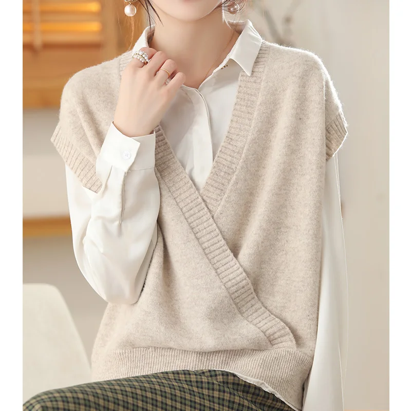 

100% Wool Vest 2022 New Ladies V-Neck Sleeveless Sweater Short Loose Casual Knit Pullover Cashmere Vest Spring and Autumn M-XXL