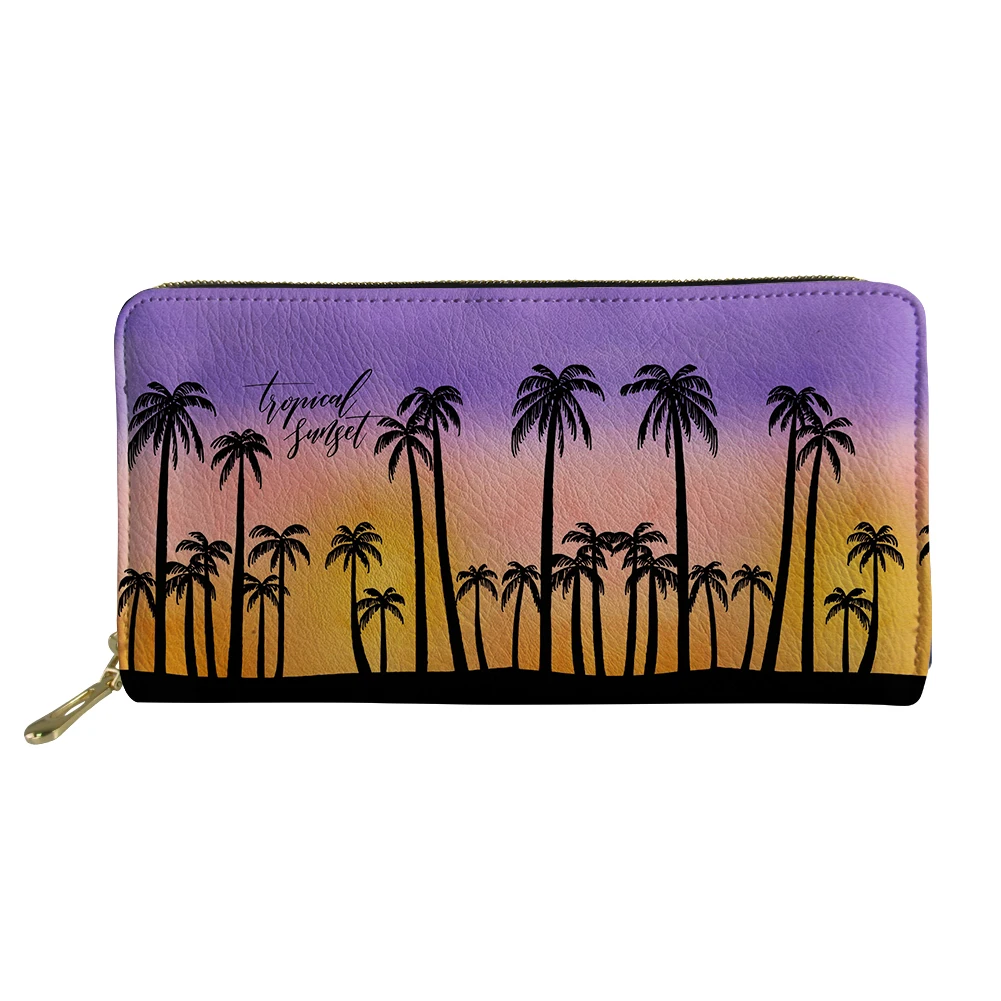 Sunset Coconut Tree Landscape Design Long Wallets Portable Zipper Clutch Bag Woman Shopping Credit Card Holder Money Clip Gift