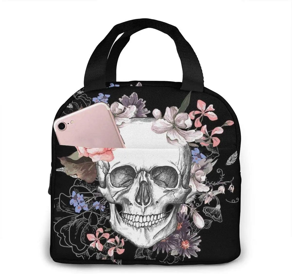 

Halloween Floral Flower Skull Insulated Lunch Bag Portable Thermal Cooler Box Reusable Picnic Tote Bento Bag For Work School