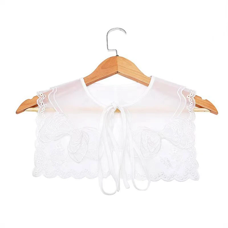 

Women Double Layer Sheer Organza Sailor Collar Shawl Embroidery Leaves Bowknot Floral Scarf Lace-Up Front Hollow Out Poncho Y1QD