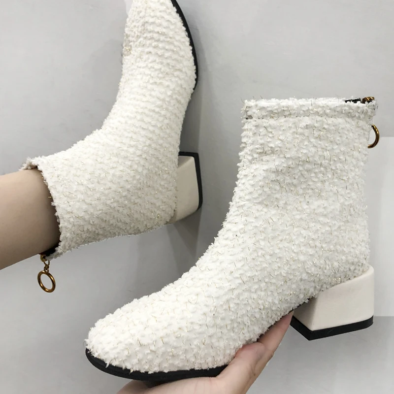 

Новые меховые короткие плюшевые теплые ботильоны, ботинки челси для снега, повседневная обувь, зима 2022, женская обувь на высоком каблуке, же...