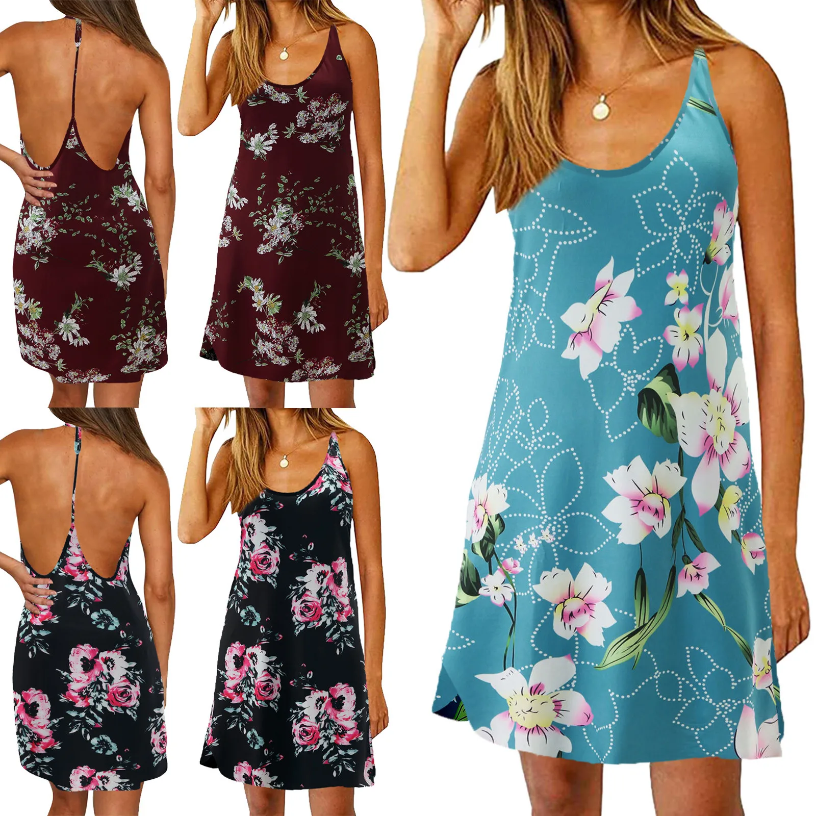 

T Back Dress Dresses Halter Women's Strap Spaghetti Printed Summer Casual Womens Casual Fit And Flare Floral Sleeveless Dress