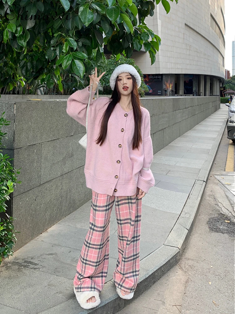 

Sweet Cute Pink Gentle Commuter Long Sleeve Loose Knitted Sweater 2023 Autumn Winter Fashion High Waist Plaid Loose Long Pants