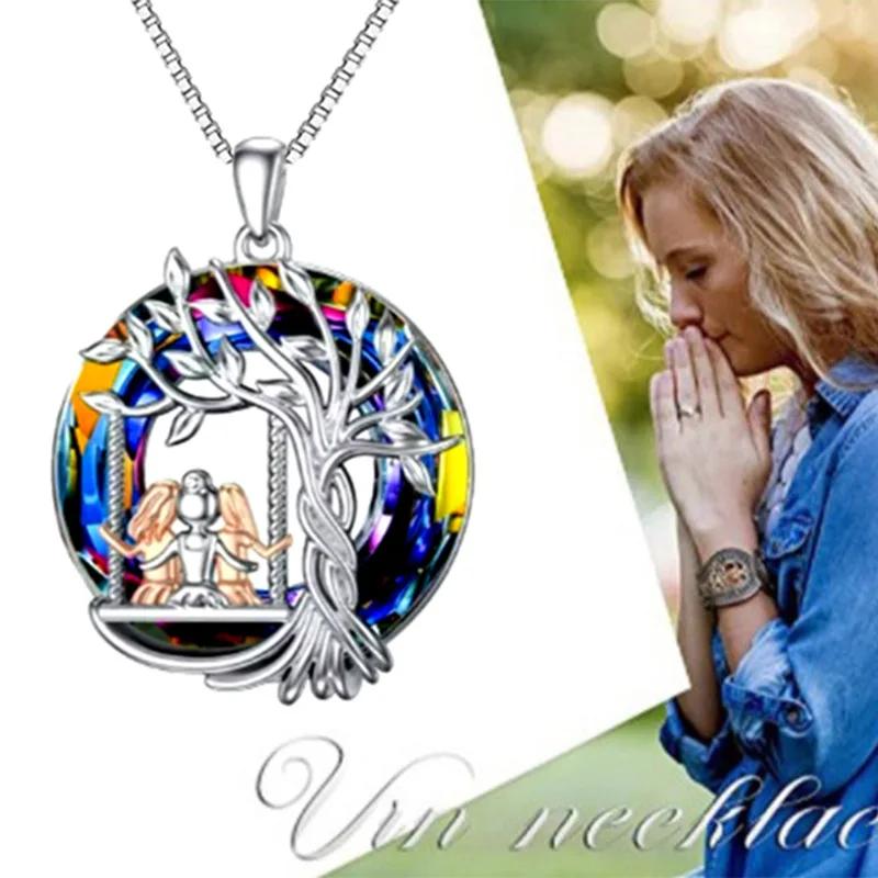 Luxury Tree of Life Three Sisters Necklace for Women Round Multicolored Crystal Pendant Earrings Sisters Birthday Party Gift