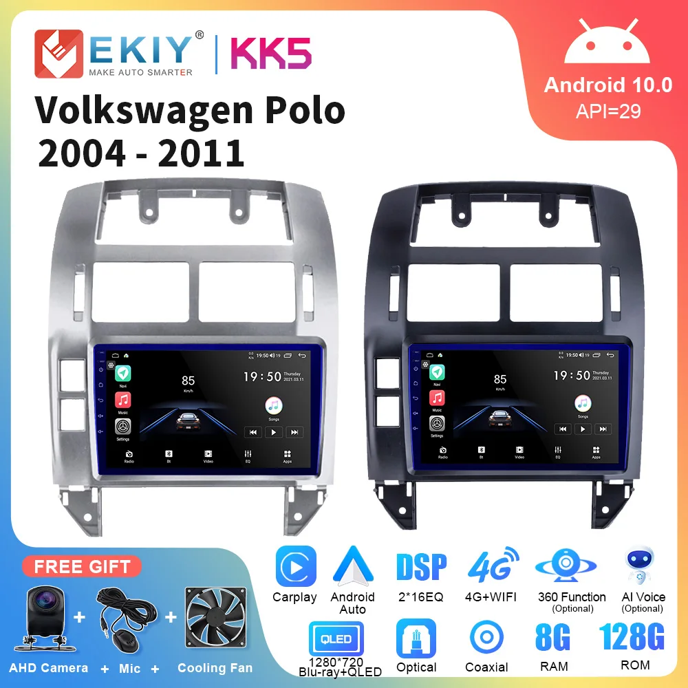 EKIY KK5 Автомагнитола для Volkswagen Polo Mk4 IV 2001-2009 Android 10 мультимедиа 1280*720 QLED навигация GPS авто стерео 2Din DVD