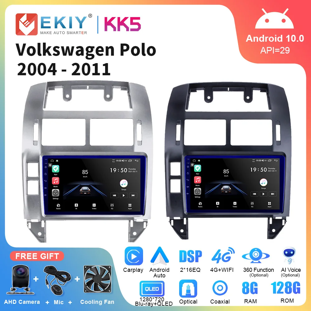 EKIY KK5 Автомагнитола для Volkswagen Polo Mk4 IV 2001-2009 Android 10 мультимедиа 1280*720 QLED навигация GPS