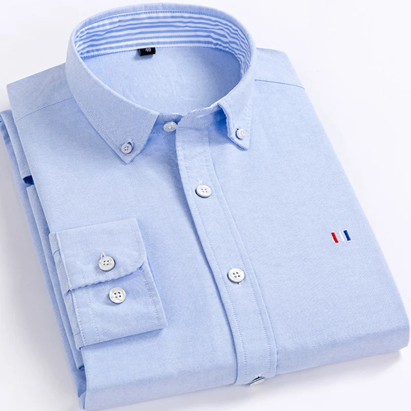2022 High Quality 100% Cotton Oxford Mens Plaid Shirts Man Embroidery Casual Long Sleeve Shirt for Men White Blue Dress Shirt