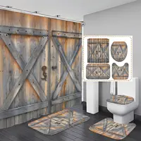 Rustic Barn Door Shower Curtain Set Non-Slip Rug Toilet Lid Cover Bath Mat Vintage Wooden Gate Waterproof Bathroom Curtain Set
