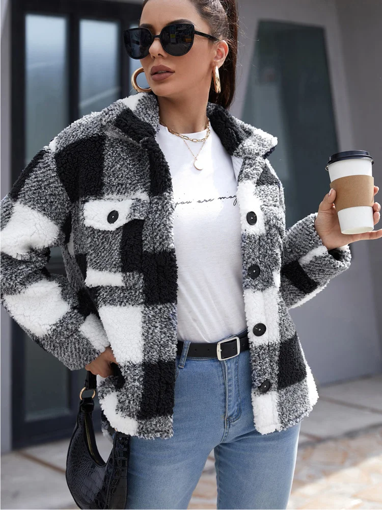 Женская однобортная клетчатая рубашка LiTi с отложным воротником темпераментная