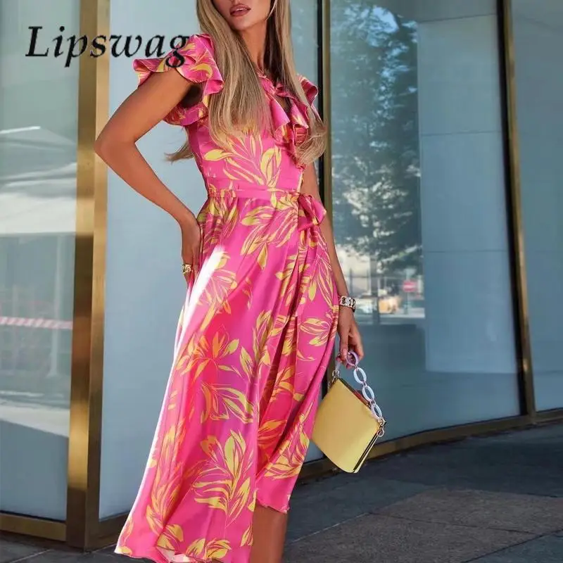 

Women Elegant Pattern Print Party Dress Sexy V-Neck Lace-Up Beach Dress Office Lady 2023 Vintage Short Sleeve Ruffle Maxi Dress