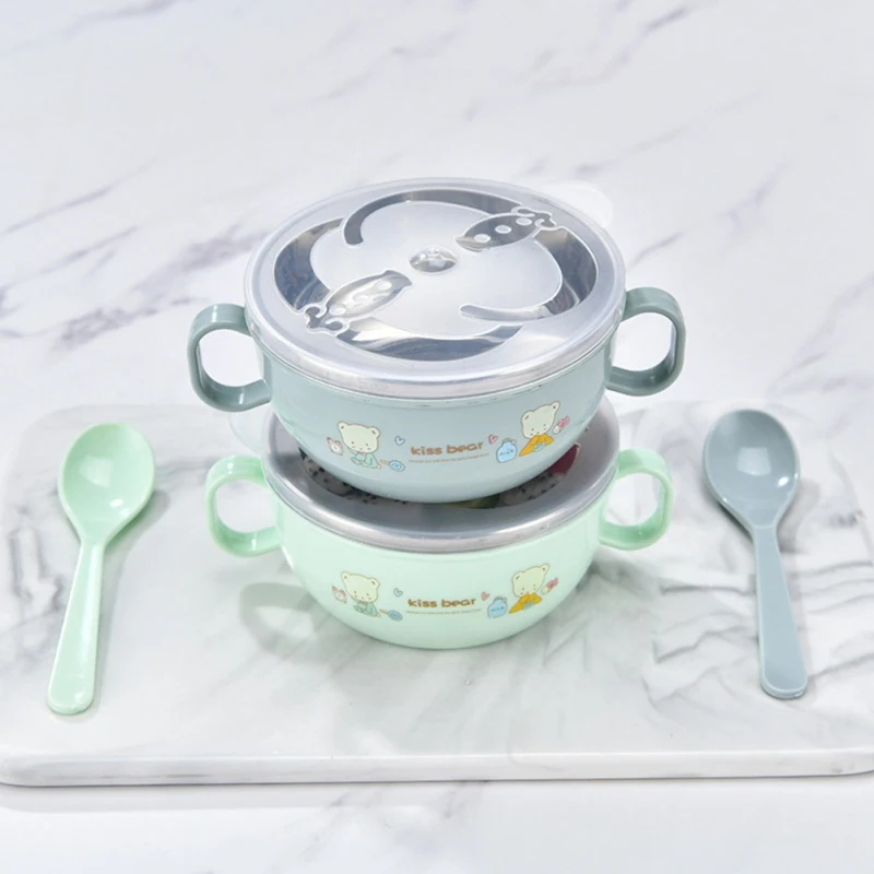 Baby Feeding Bowl Stainless Steel Insulation Bowl Spoon Set Children Tableware Cartoon Printed Children Food Bowl BPA Free 300ml