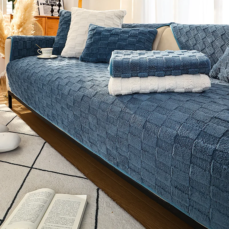 

Solid Color Plaid Sofa Cushion Cover Living Room Sofa Cover Cloth Towel Simple Modern Winter Plush Thickening Non-Slip Warm