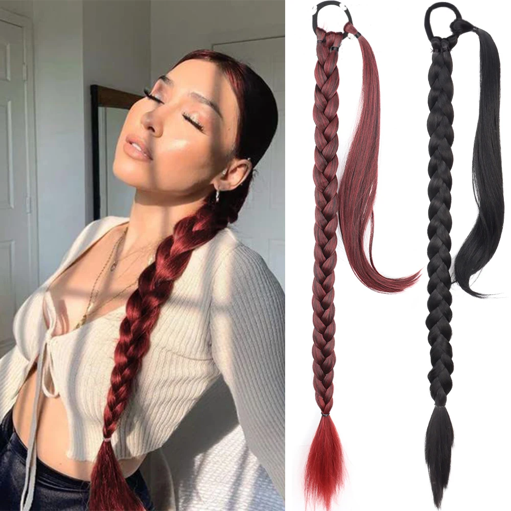 Braids Ponytail Extensions Synthetic Boxing Braids Wrap Around With Rubber Band Hair Ring Brown Burgundy 34