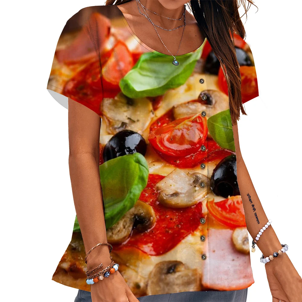 

CLOOCL Women T-shirt Tomato and Mushroom Pizza Graphics 3D Printed Tees Button Decorate Short Sleeve Blouse Oversized Shirts