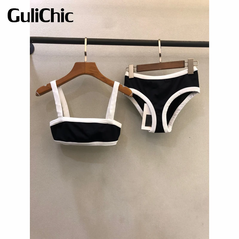

Женский модельный пикантный купальник GuliChic 6,9, короткий топ на бретелях контрастных цветов + трусы, комплект для плавания из 2 предметов