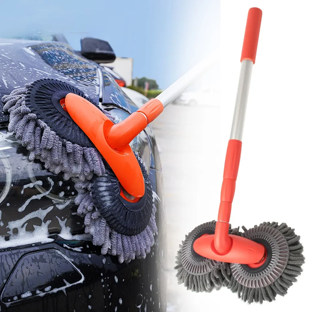 

Rotating Double Brush Head Car Wash Mop Auto Supplies Three-Section Telescopic Mop Roof Window Cleaning Maintenance Accessories